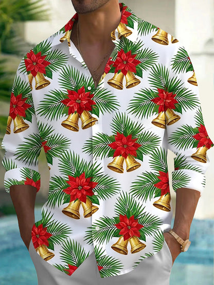 Adaychic Men's Hawaiian Christmas Poinsettia And Bells Print Long Sleeve Shirt