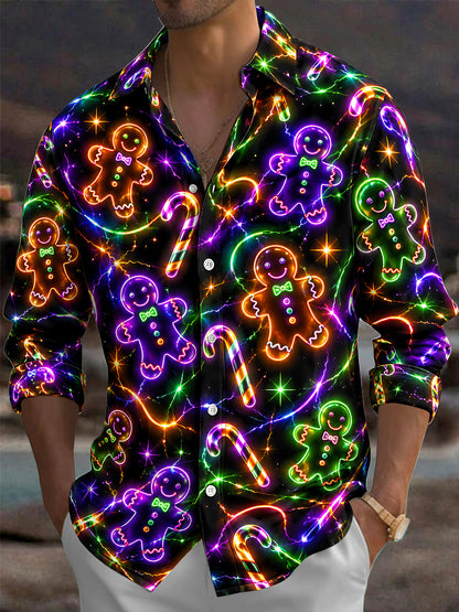 Adaychic Men's Graphic Neon Gingerbread Man Print Long Sleeve Shirt with Chest Pocket