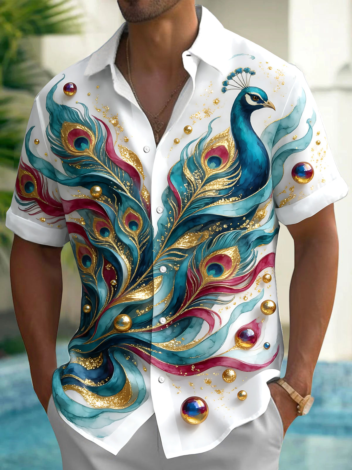 Adaychic Men's Hawaiian Peacock And Peacock Feathers Print Short Sleeve Shirt with Chest Pocket