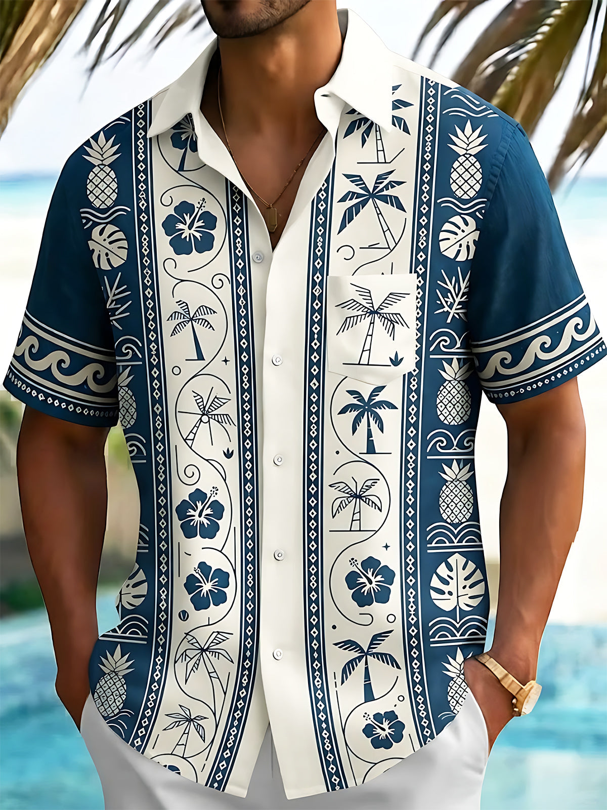 Adaychic Men's Hawaiian Pineapple And Palm Tree Print Short Sleeve Shirt with Chest Pocket
