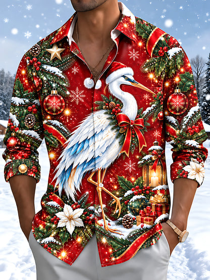 Adaychic Men's Hawaiian Christmas Crane And Ornaments Print Long Sleeve Shirt with Chest Pocket