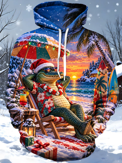Adaychic Men's Graphic Christmas Crocodile Print Long Sleeve Hoodie