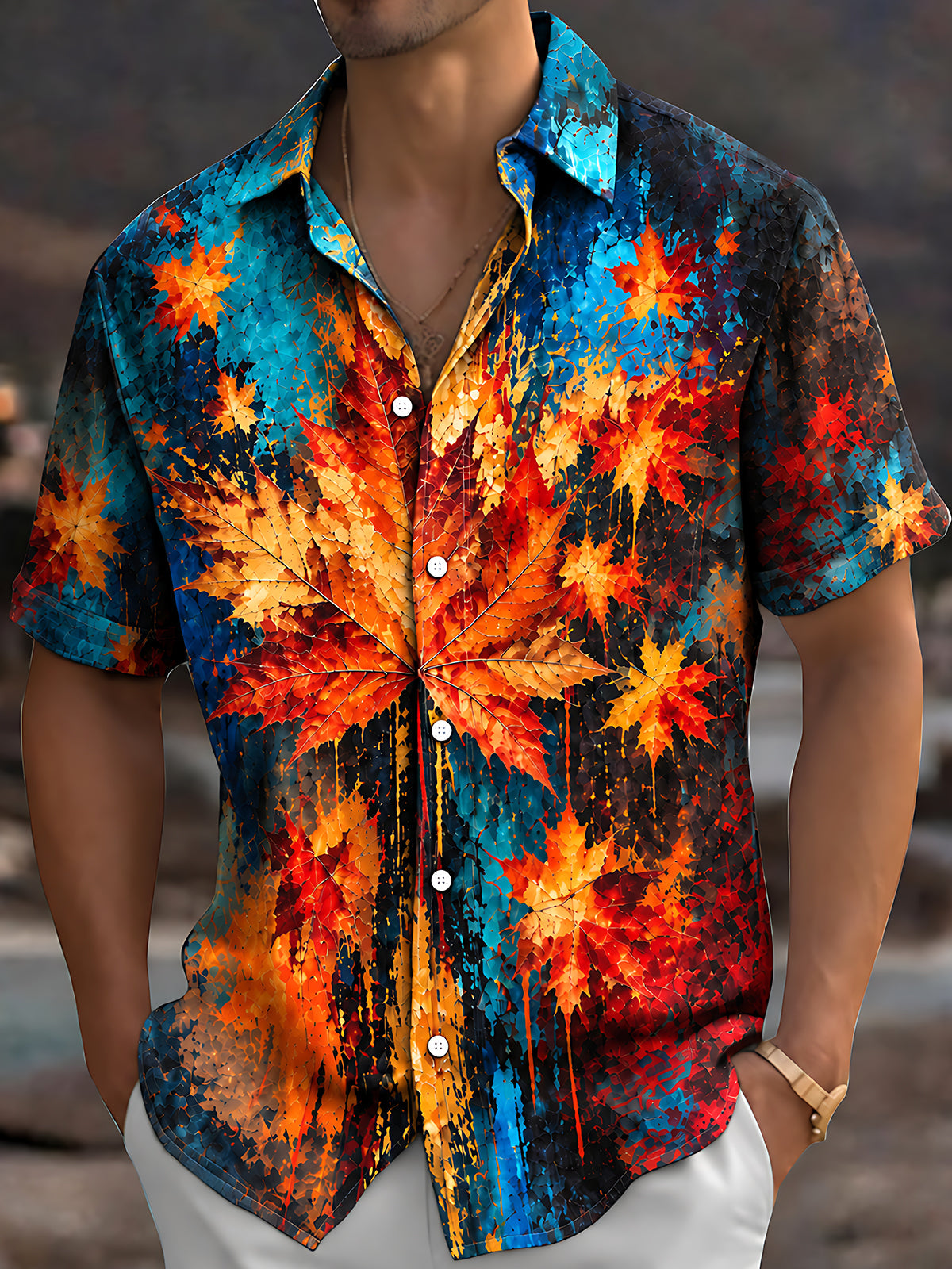 Adaychic Men's Hawaiian Maple Leaf Autumn Pattern Short Sleeve Shirt with Chest Pocket
