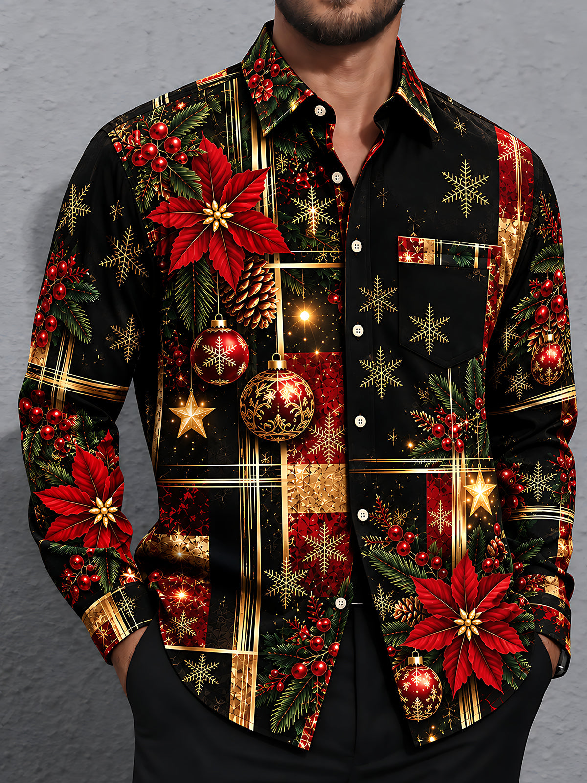 Adaychic Men's Printed Christmas Ornaments Print Long Sleeve Shirt with Chest Pocket