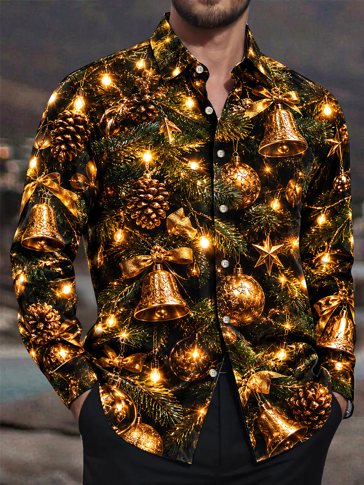 Adaychic Men's Christmas Pine Bells And Ornaments Print Long Sleeve Shirt with Chest Pocket