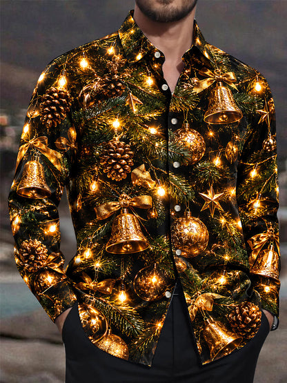 Adaychic Men's Christmas Pine Bells And Ornaments Print Long Sleeve Shirt with Chest Pocket