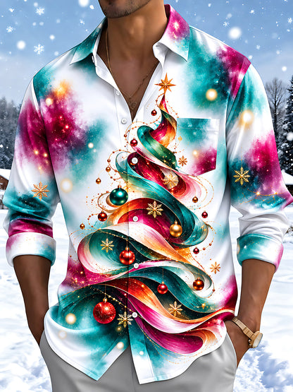 Adaychic Men's Long Sleeve Shirt - Abstract Christmas Tree With Ornaments And Snowflakes Print with Chest Pocket
