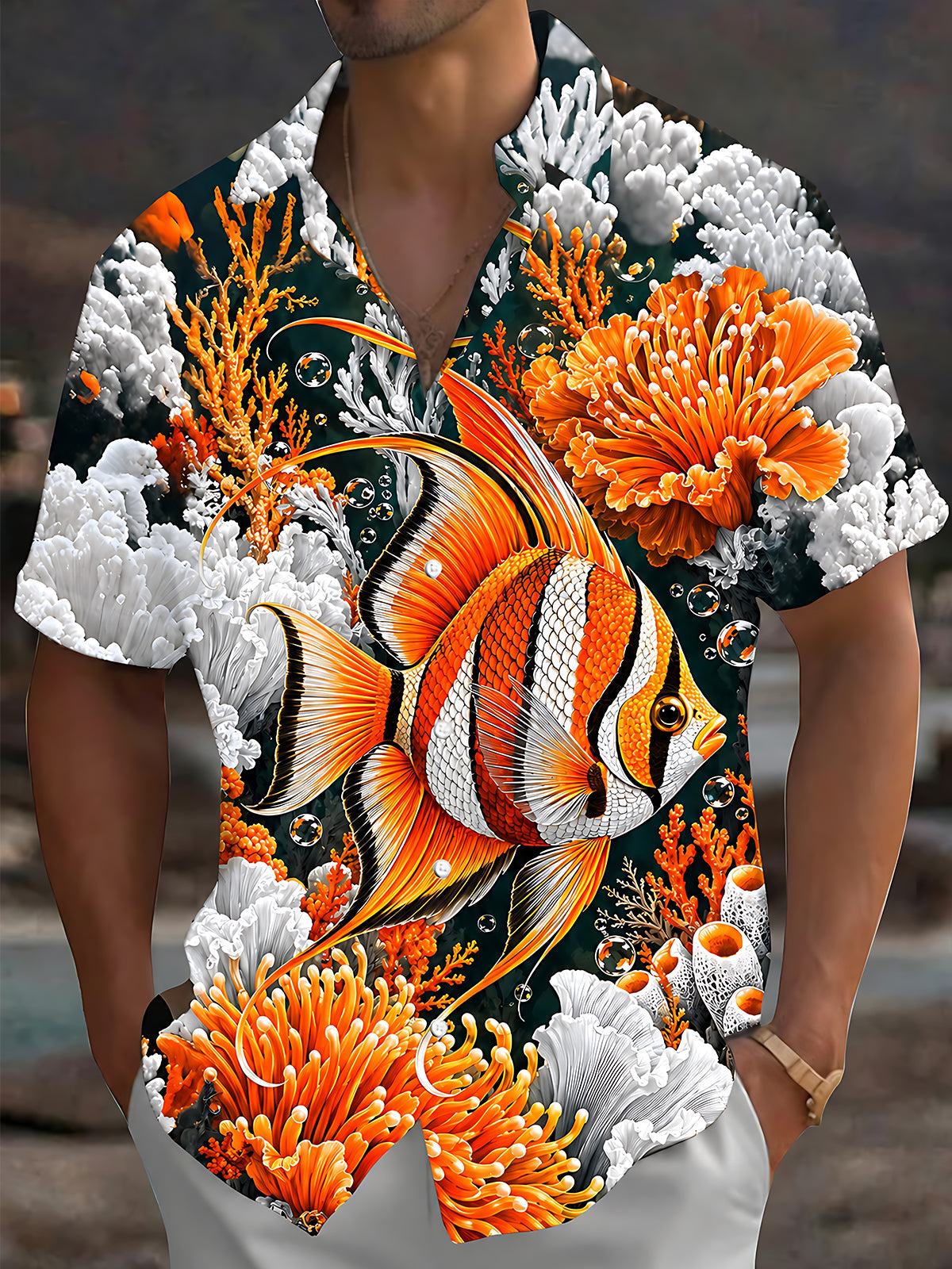 Adaychic Men's Hawaiian Tropical Fish And Coral Reef Print Short Sleeve Shirt