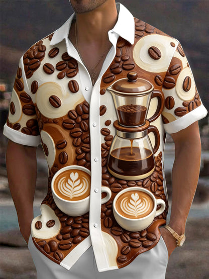 Adaychic Men's Coffee Beans And Pour Over Coffee Maker Print Short Sleeve Shirt with Chest Pocket