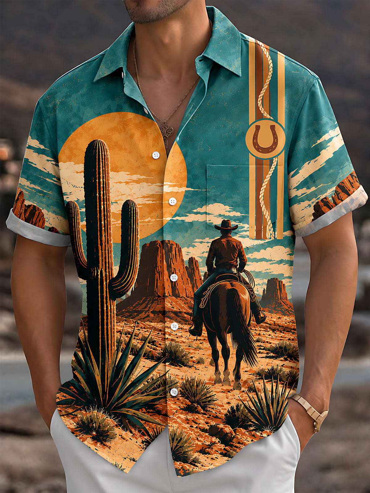 Adaychic Men's Short Sleeve Shirt - Western Desert Landscape With Cactus And Cowboy Print with Chest Pocket