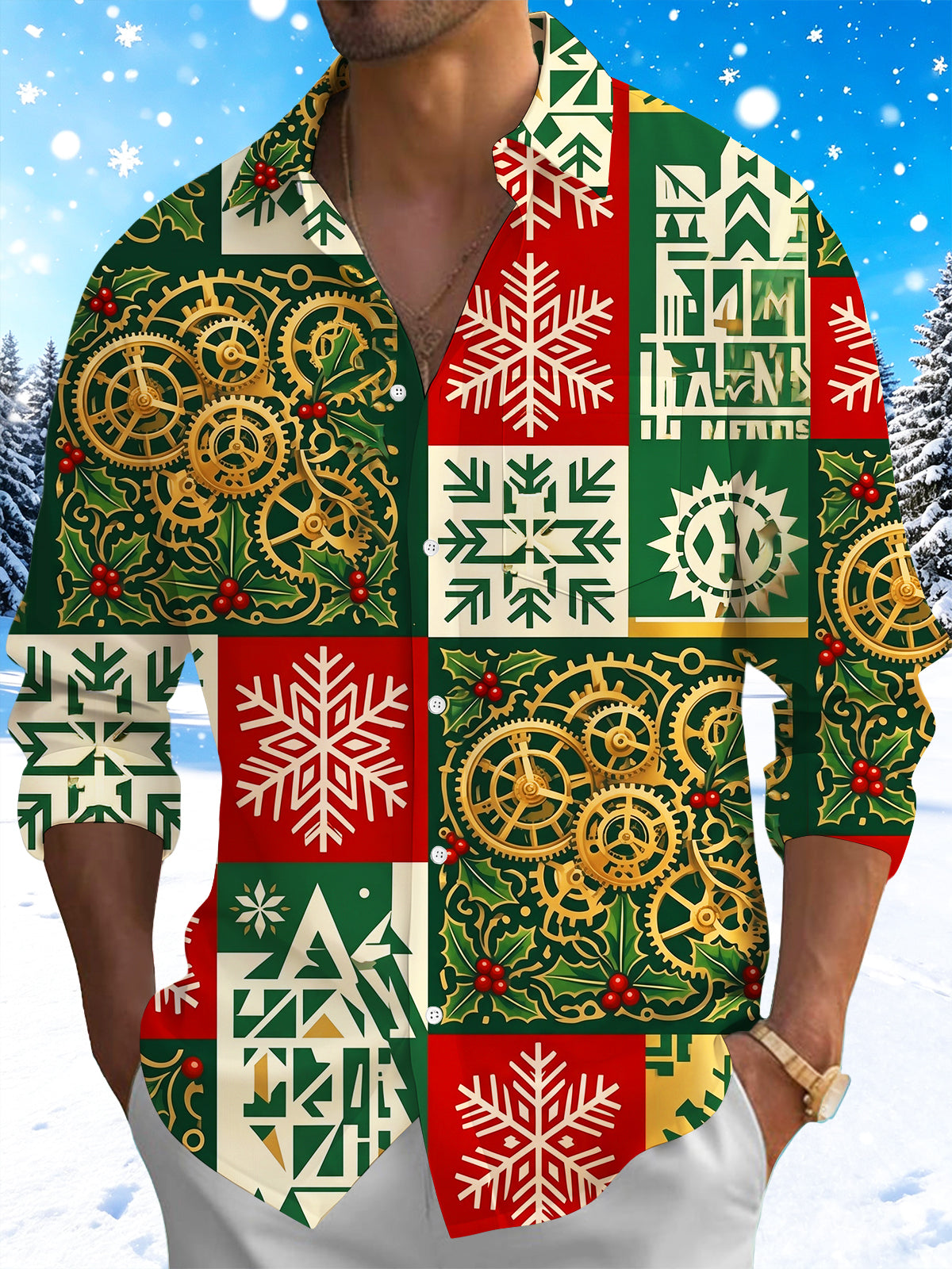 Adaychic Men's Christmas Steampunk Gears And Snowflakes Print Long Sleeve Shirt with Chest Pocket