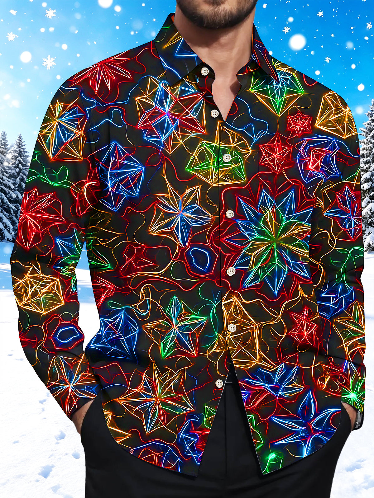 Adaychic Men's Patterned Neon Geometric Snowflakes Print Long Sleeve Shirt with Chest Pocket