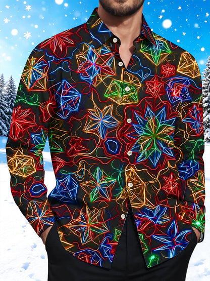 Adaychic Men's Patterned Neon Geometric Snowflakes Print Long Sleeve Shirt with Chest Pocket