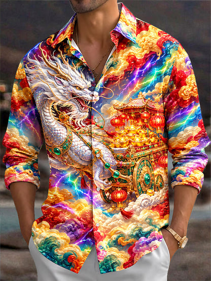 Adaychic Men's Long Sleeve Shirt - White Dragon And Golden Cart With Red Lanterns Print with Chest Pocket