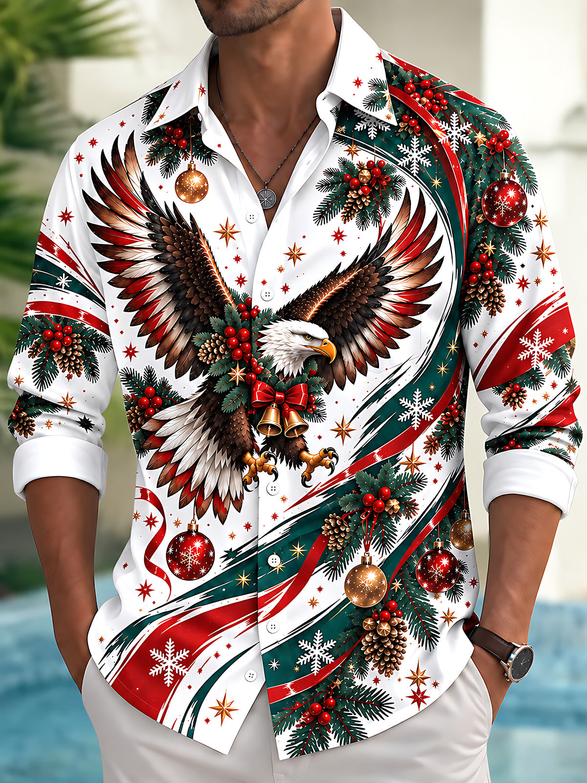 Adaychic Men's Printed Christmas Eagle Print Long Sleeve Shirt with Chest Pocket