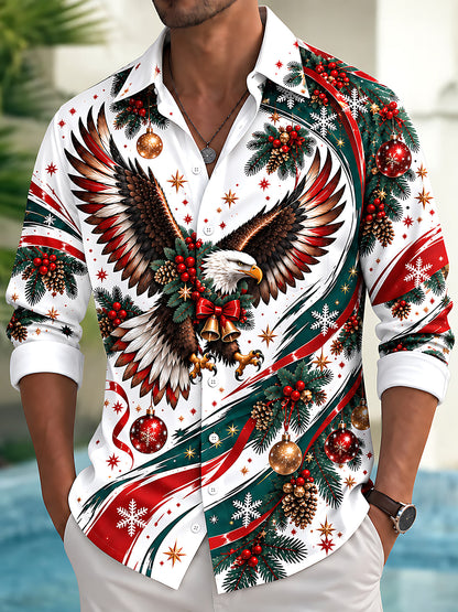 Adaychic Men's Printed Christmas Eagle Print Long Sleeve Shirt with Chest Pocket