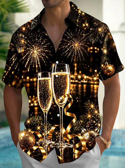 Adaychic Men's Short Sleeve Shirt - Christmas Ornaments And Pine Branches Print New Year New Year Champagne Toast With Fireworks Print