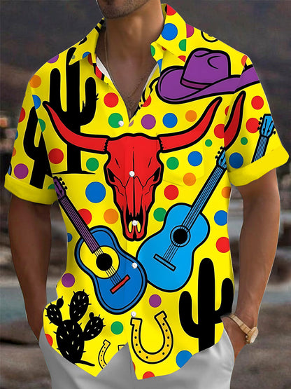 Adaychic Men's Printed Western Cow Skull Print Short Sleeve Shirt with Chest Pocket