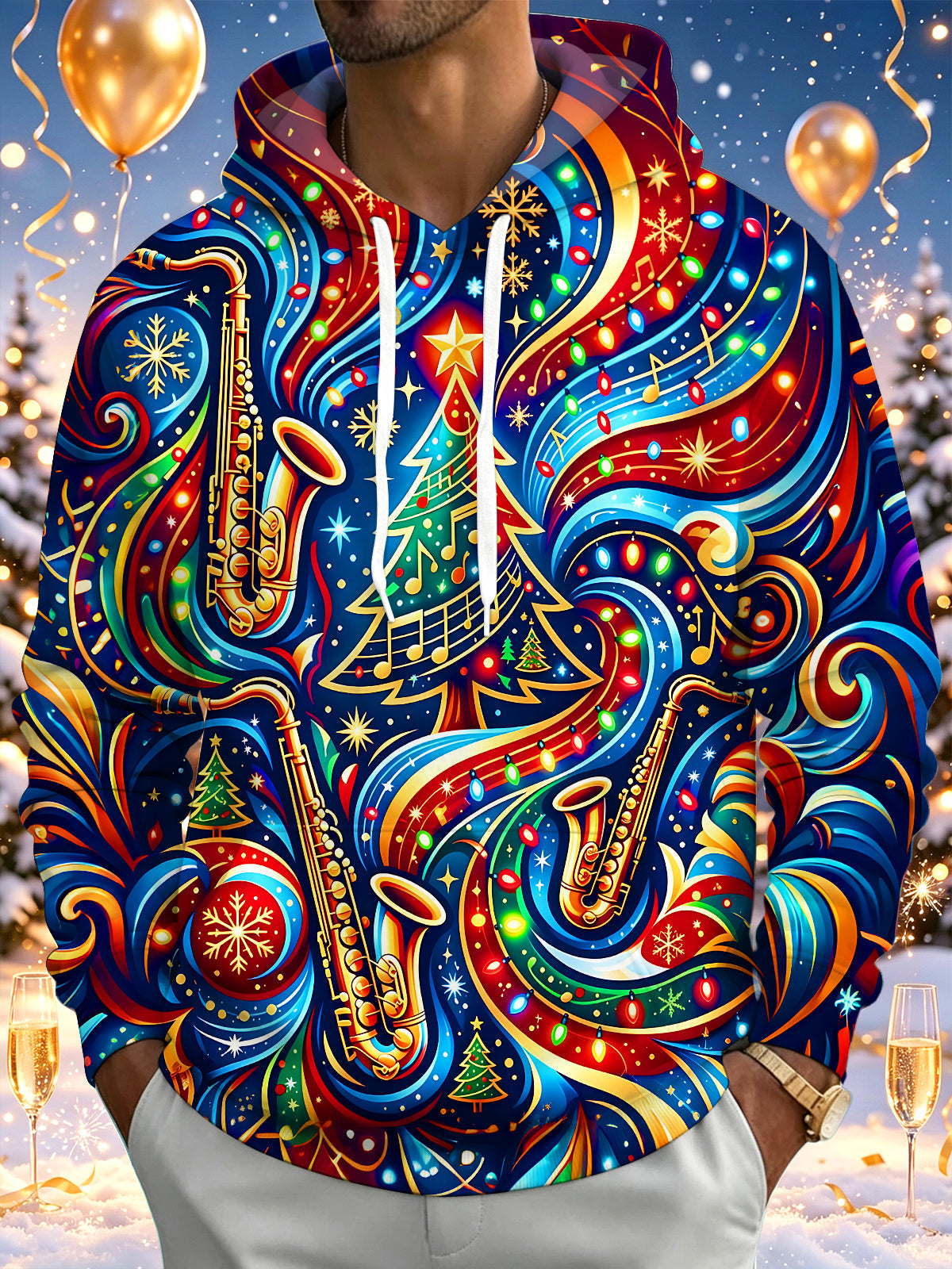 Adaychic Men's Graphic Christmas Music Print Saxophone Print Long Sleeve Hoodie with Chest Pocket