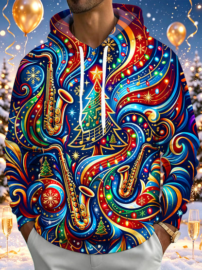 Adaychic Men's Graphic Christmas Music Print Saxophone Print Long Sleeve Hoodie with Chest Pocket