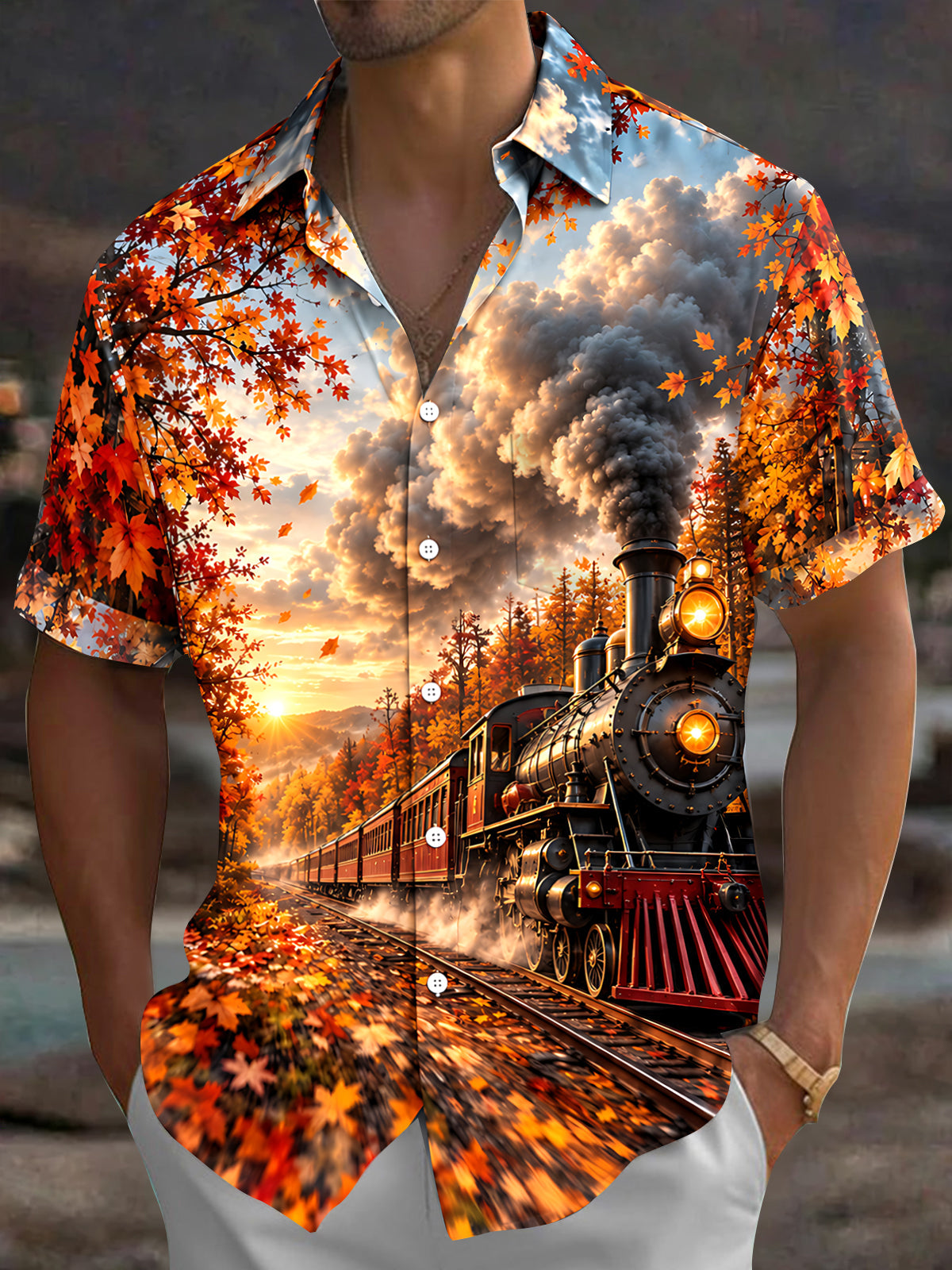 Adaychic Men's Short Sleeve Shirt - Vintage Steam Train And Autumn Maple Leaves Print with Chest Pocket