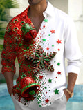 Adaychic Men's Graphic Christmas Bells And Snowflakes Print Long Sleeve Shirt with Chest Pocket