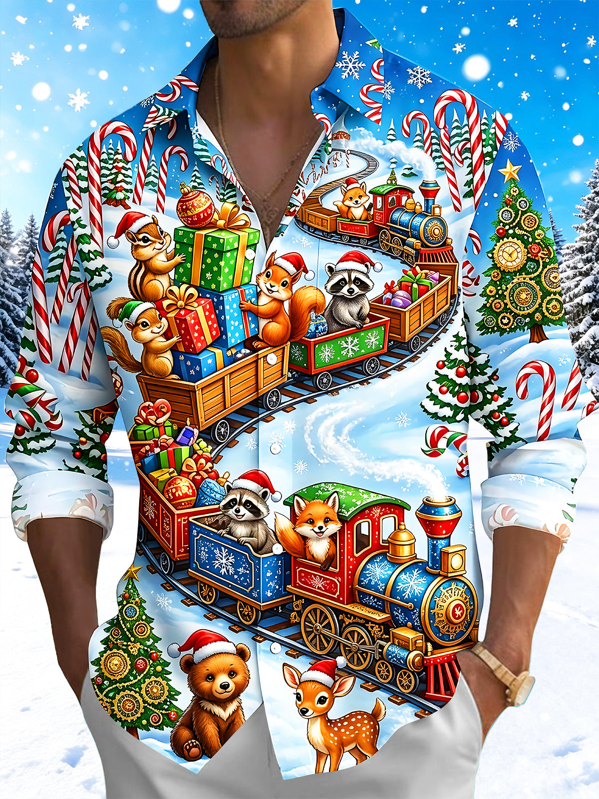 Adaychic Men's Christmas Animals On Train With Gifts Print Long Sleeve Shirt with Chest Pocket