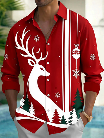 Adaychic Men's Printed Deer And Christmas Ornaments Print Long Sleeve Shirt with Chest Pocket