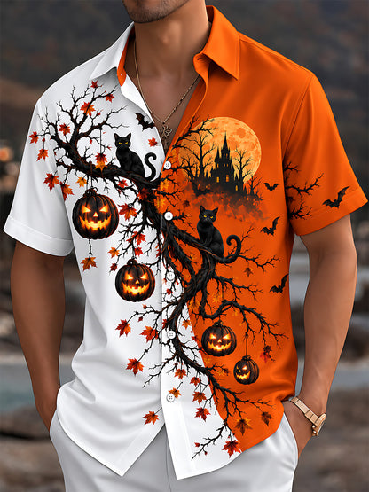 Adaychic Men's Halloween Black Cats And Pumpkins Print Short Sleeve Shirt with Chest Pocket