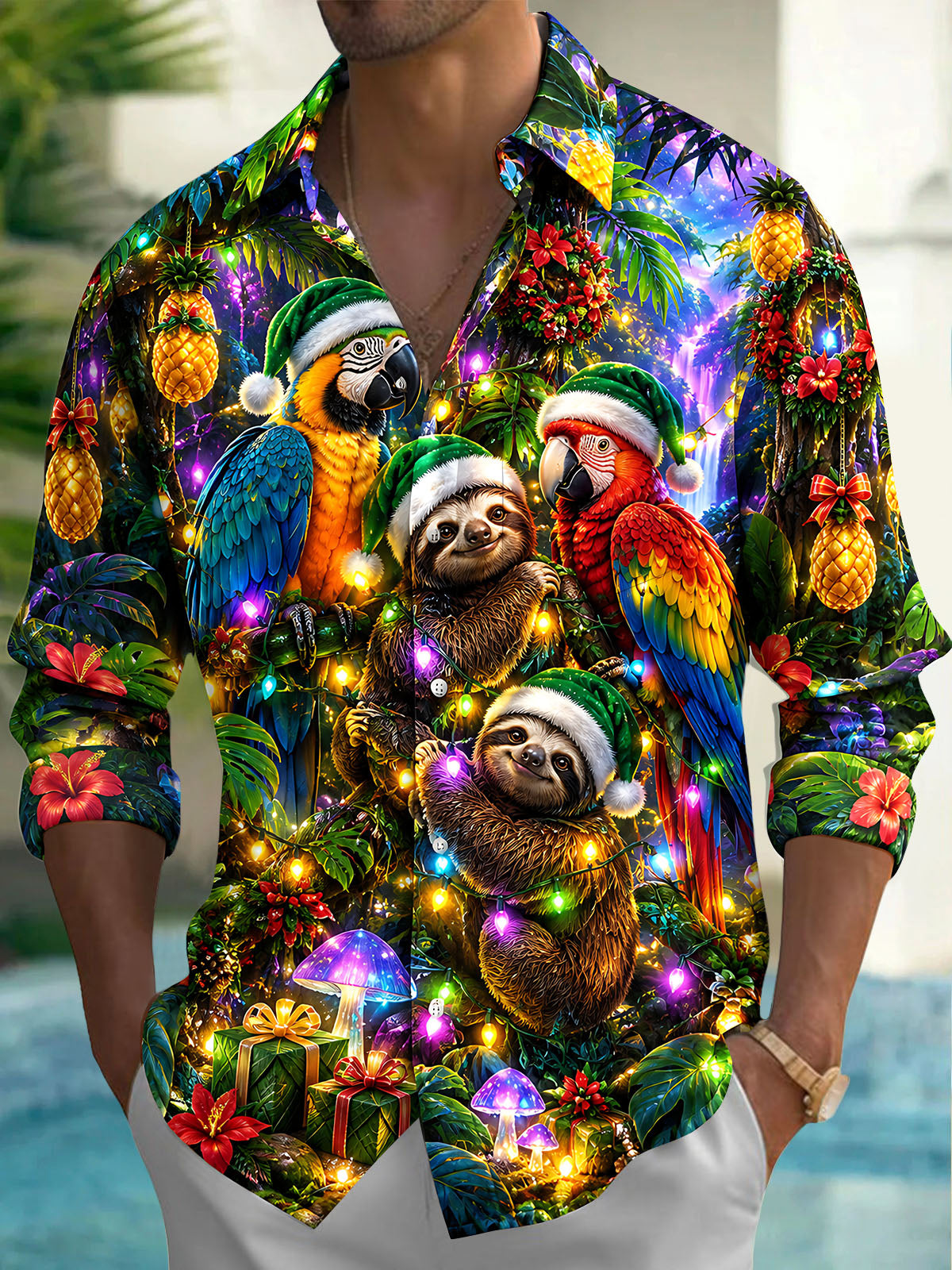 Adaychic Men's Hawaiian Christmas Sloths And Parrots Print Long Sleeve Shirt with Chest Pocket