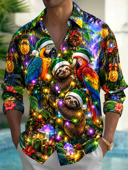 Adaychic Men's Hawaiian Christmas Sloths And Parrots Print Long Sleeve Shirt with Chest Pocket