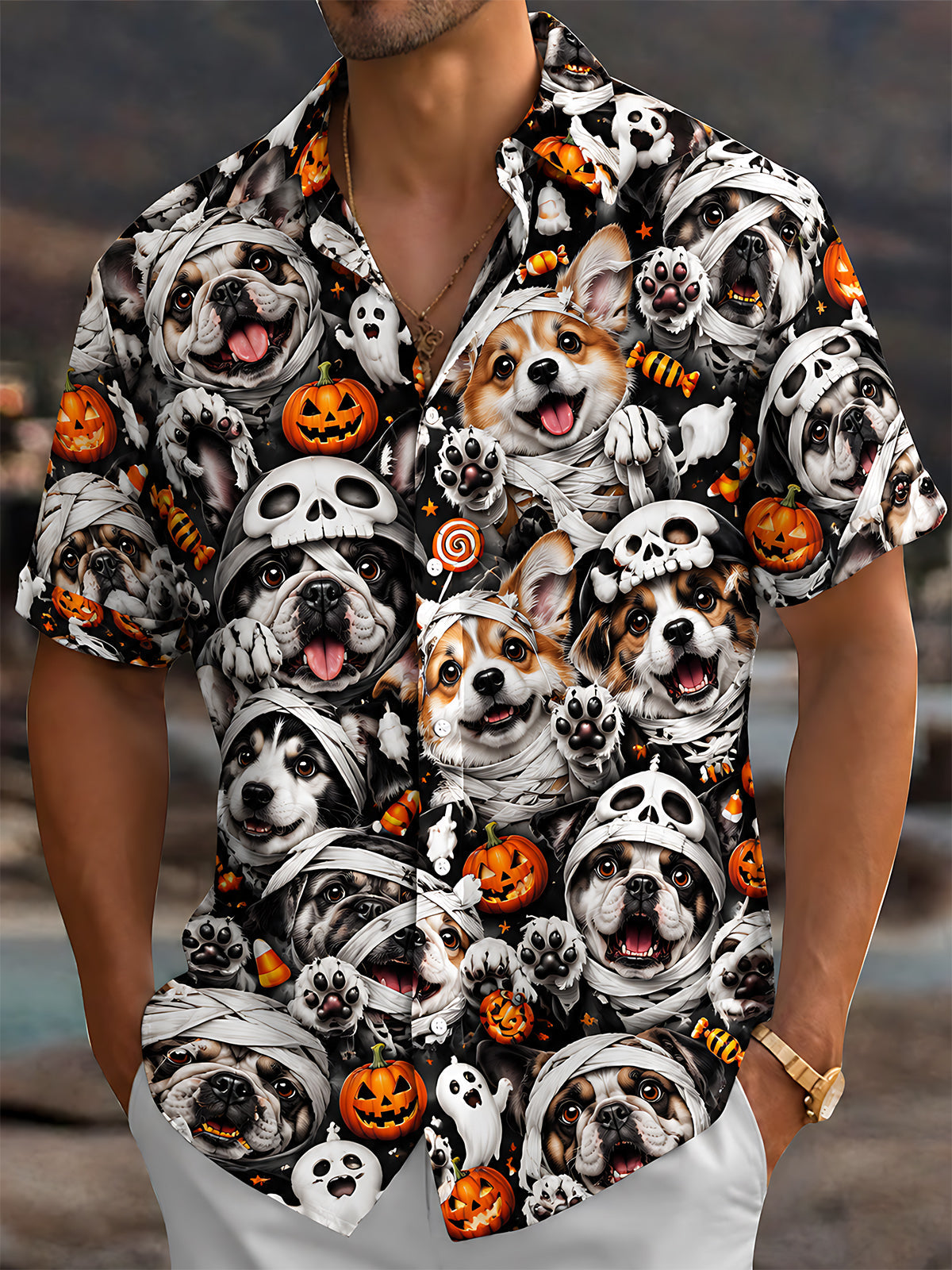 Adaychic Men's Halloween Mummy Dogs And Pumpkins Print Short Sleeve Shirt with Chest Pocket