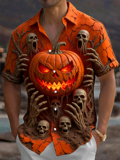 Adaychic Men's Halloween Jack-o-lantern And Skulls Print Short Sleeve Shirt with Chest Pocket