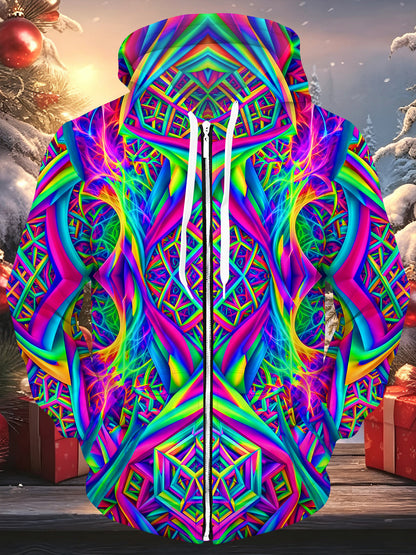 Adaychic Men's Long Sleeve Zip-Up Hoodie - Colorful Psychedelic Geometric Fractal Art Print