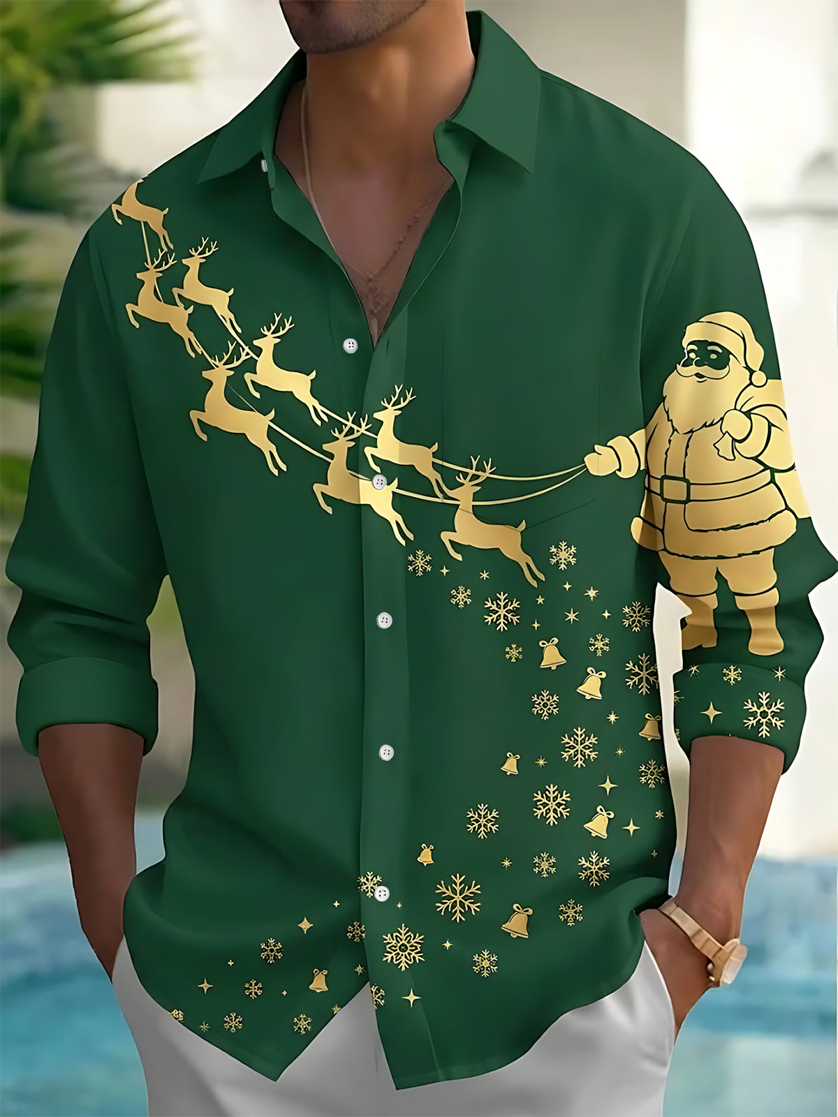 Adaychic Men's Graphic Christmas Print Holiday Print Long Sleeve Shirt with Chest Pocket