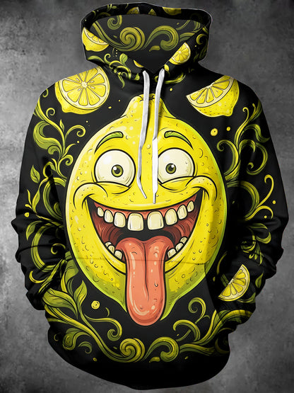 Adaychic Men's Anthropomorphic Lemon Cartoon Face Print Long Sleeve Hoodie