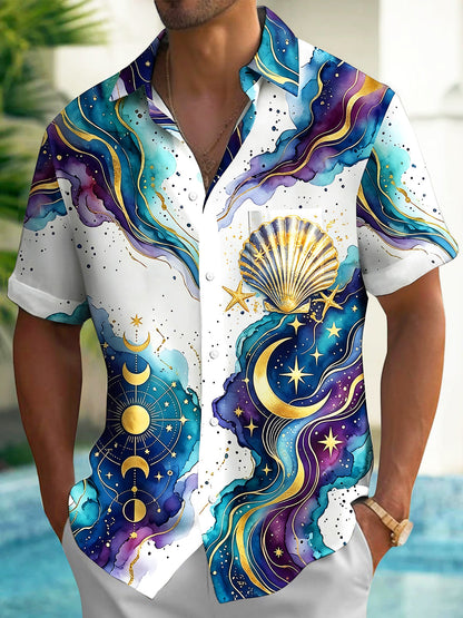 Adaychic Men's Hawaiian Watercolor Ocean Waves Print Short Sleeve Shirt with Chest Pocket