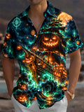 Adaychic Men's Graphic Halloween Pumpkin Ghost Ship Print Short Sleeve Shirt with Chest Pocket
