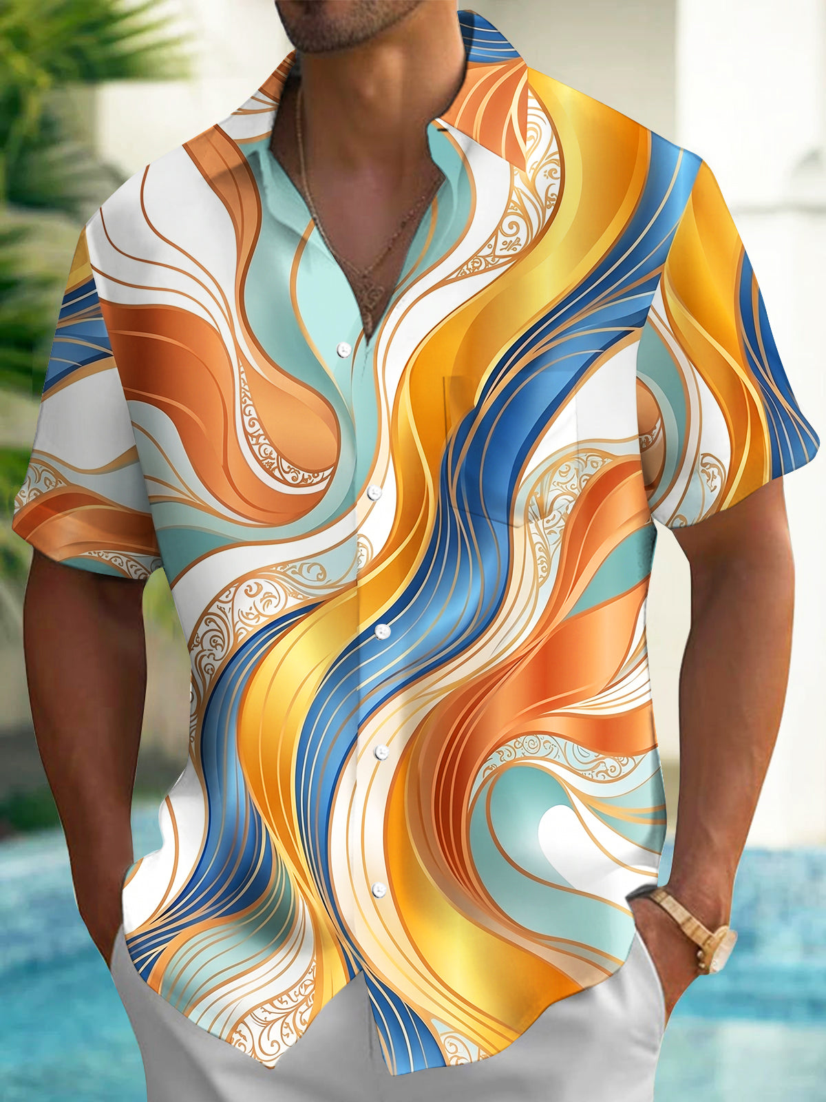 Adaychic Men's Printed Abstract Colorful Waves Print Short Sleeve Shirt with Chest Pocket