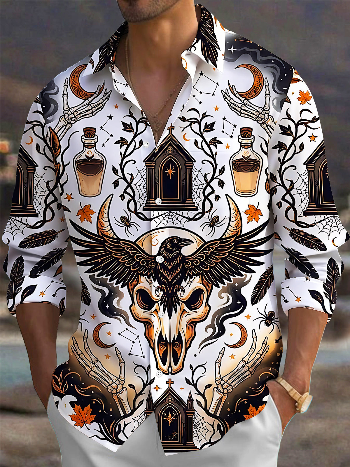Adaychic Men's Graphic Halloween Skull And Raven Print Long Sleeve Shirt with Chest Pocket
