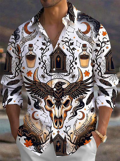 Adaychic Men's Graphic Halloween Skull And Raven Print Long Sleeve Shirt with Chest Pocket