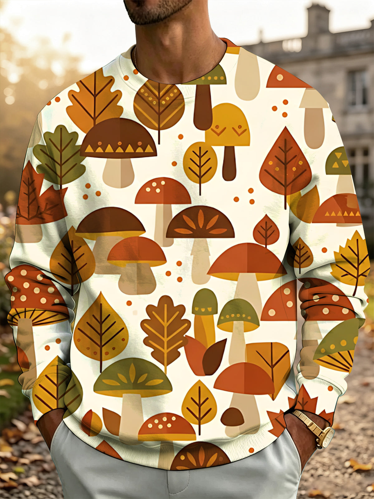 Adaychic Men's Printed Autumn Mushrooms And Leaves Print Long Sleeve Hoodie
