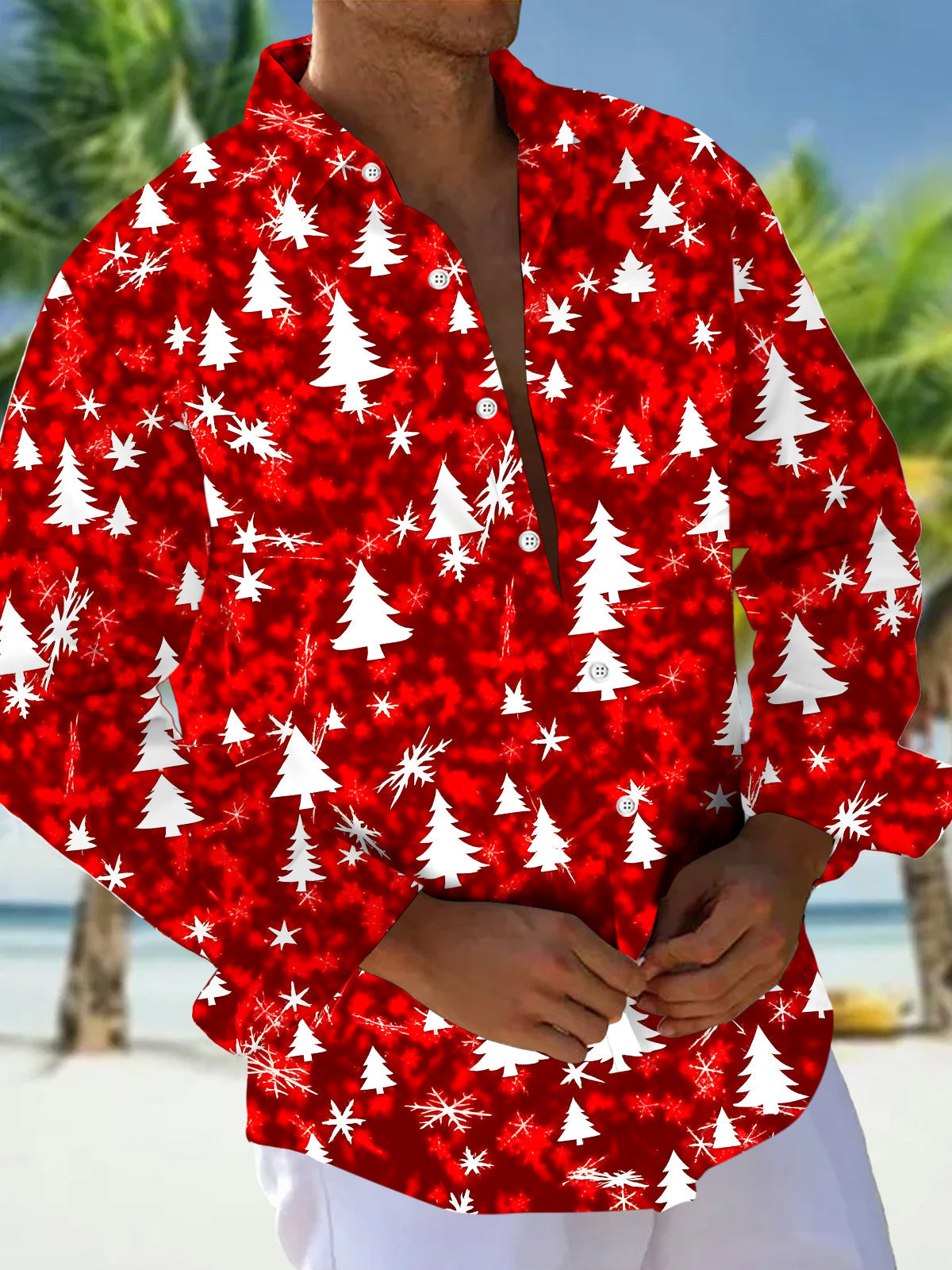 Adaychic Men's Printed Christmas Tree Print Snowflake Print Long Sleeve Shirt with Chest Pocket