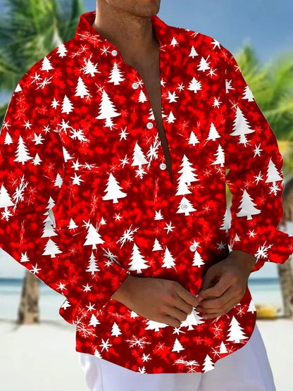 Adaychic Men's Printed Christmas Tree Print Snowflake Print Long Sleeve Shirt with Chest Pocket
