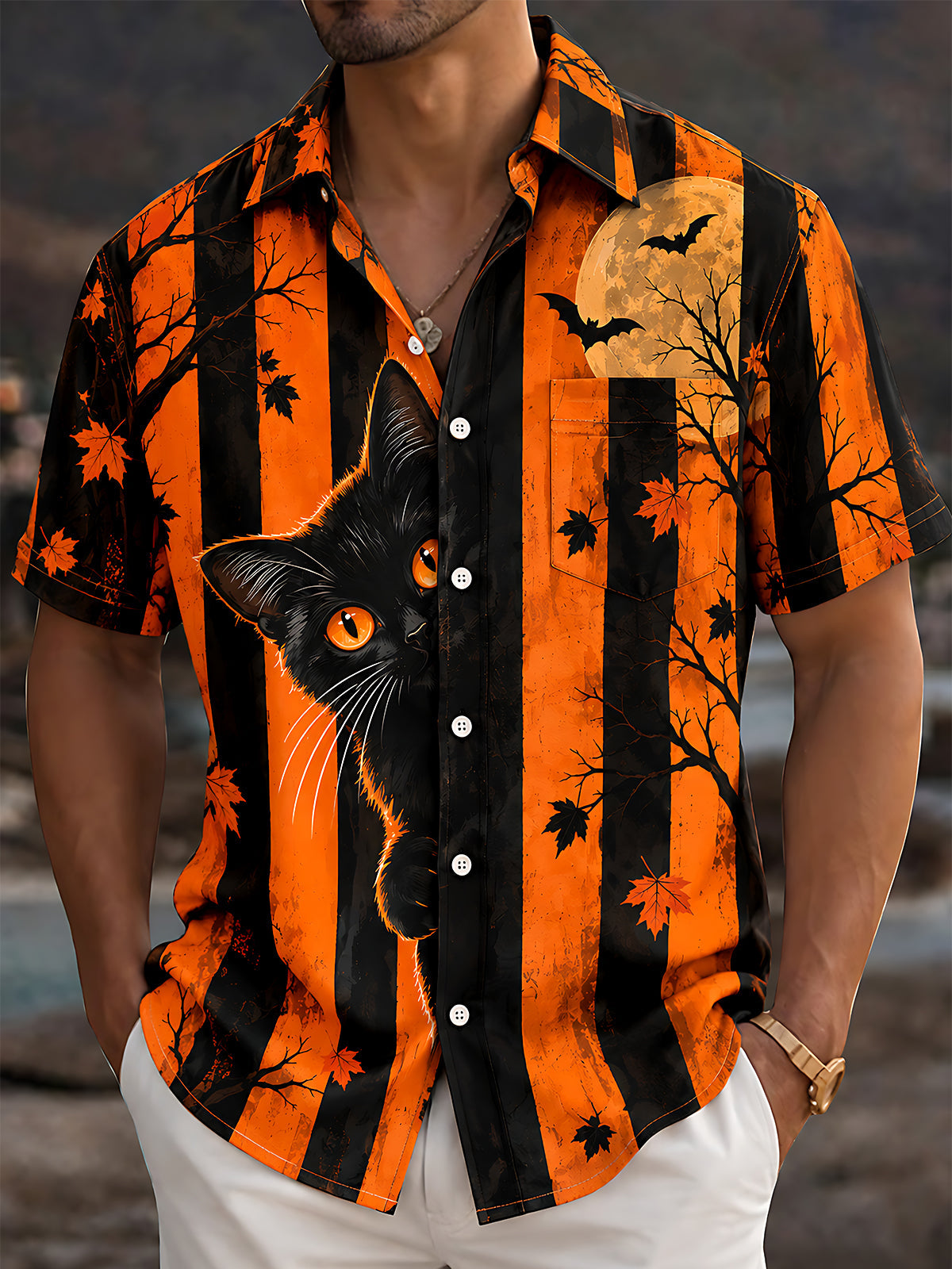 Adaychic Men's Black Cat And Halloween Moon With Bats Print Short Sleeve Shirt with Chest Pocket