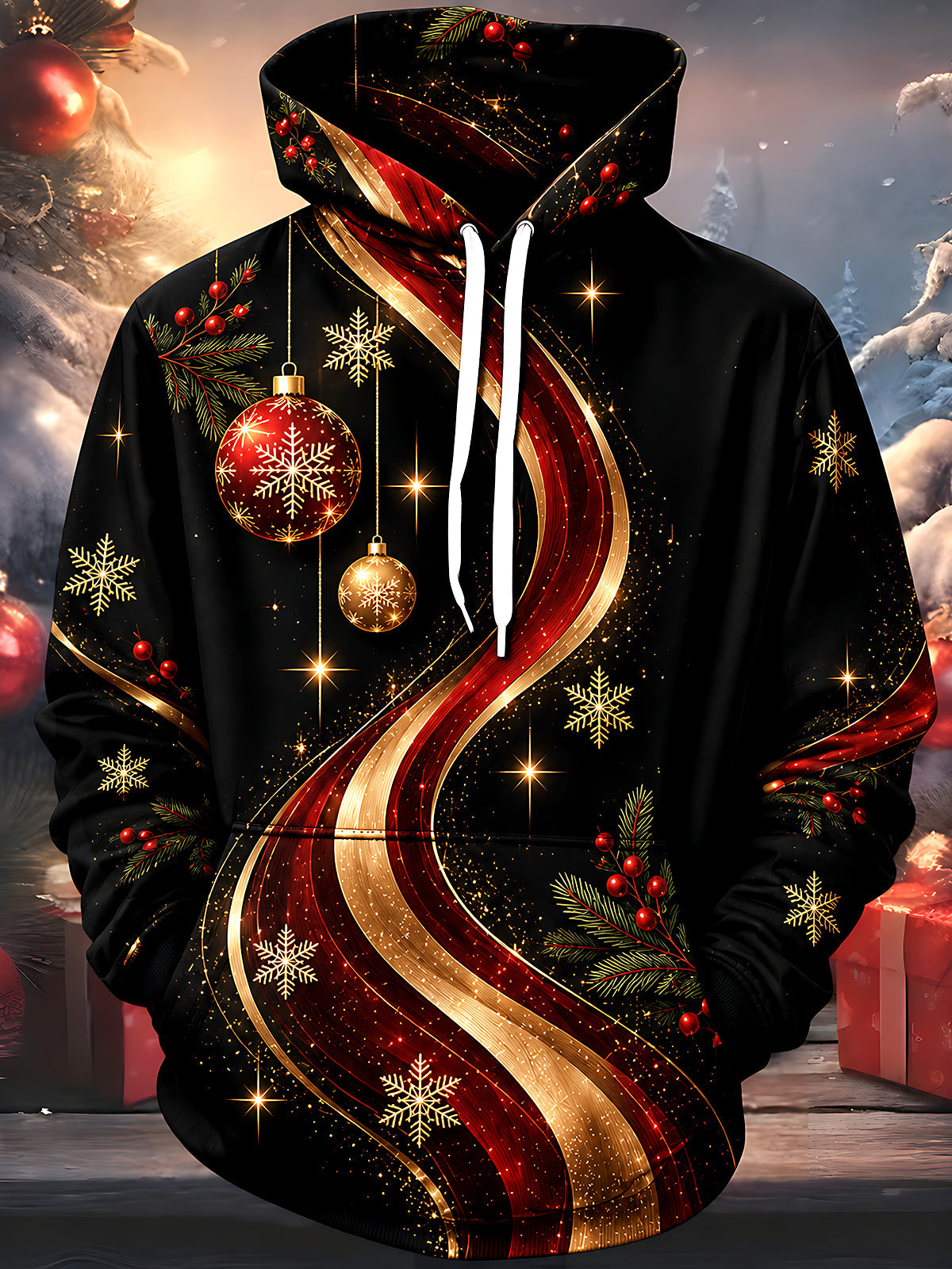 Adaychic Men's Christmas Ornaments And Snowflakes Print Long Sleeve Hoodie