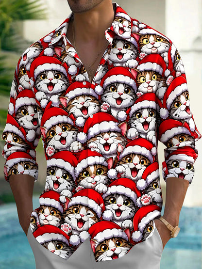 Adaychic Men's Graphic Cats Wearing Santa Hats Print Long Sleeve Shirt with Chest Pocket