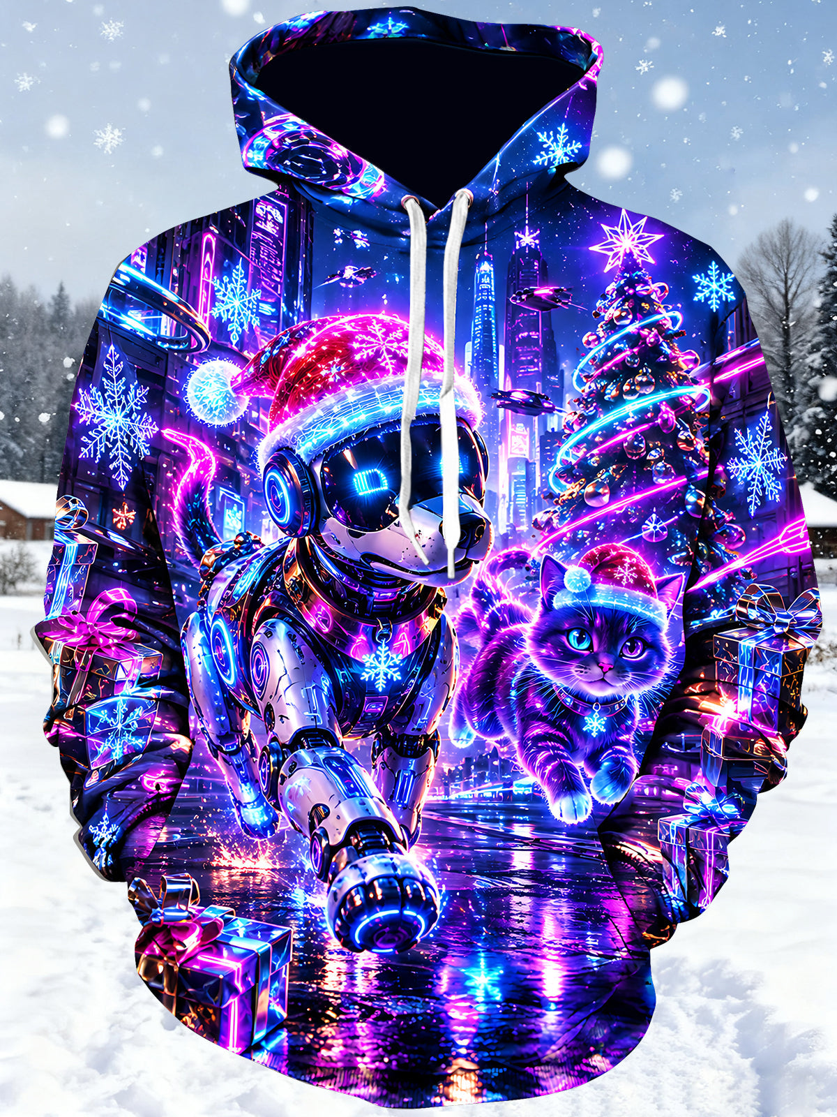 Adaychic Men's Graphic Cyberpunk Christmas Print Long Sleeve Hoodie