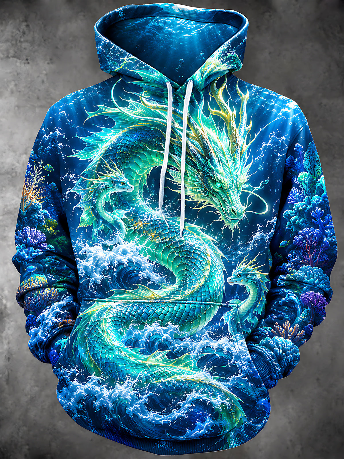 Adaychic Men's Graphic Ocean Dragon Print Long Sleeve Hoodie with Chest Pocket