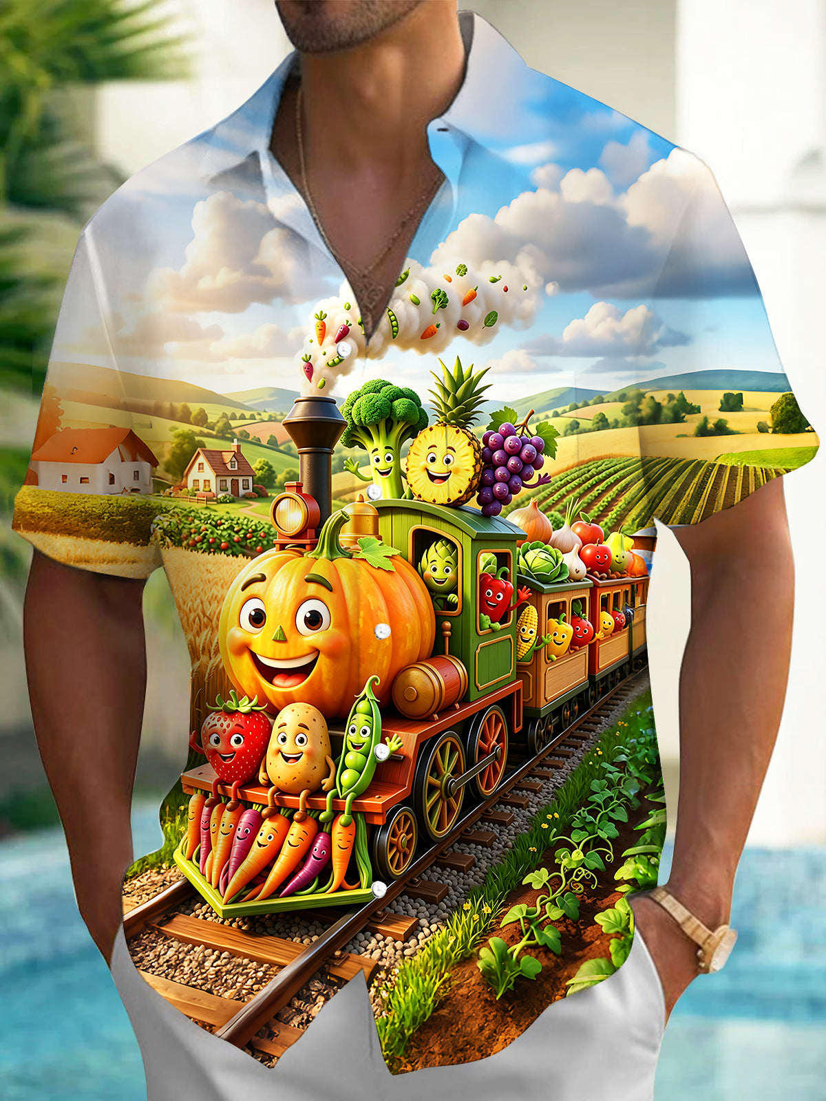 Adaychic Men's Short Sleeve Shirt - Cartoon Pumpkin Train With Fruits And Vegetables Print with Chest Pocket